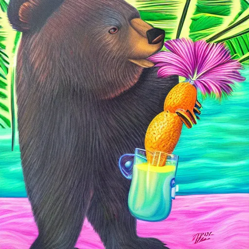 Image similar to bear drinking a pina colada from a coconut | award winning psychedelic oil painting on canvas