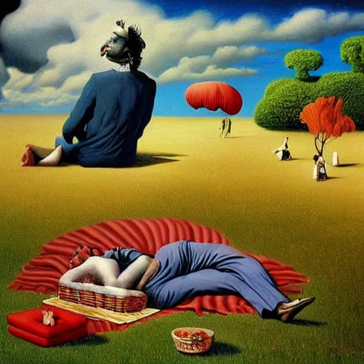 Prompt: a happy man having a picnic on a nice day, surrealist art in the style of salvador dali and zdzisław beksinski, highly detailed, trending on wikiart