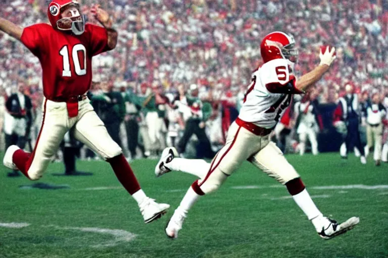 Image similar to joe montana throwing a baby for the winning touchdown superbowl 1 9 9 4