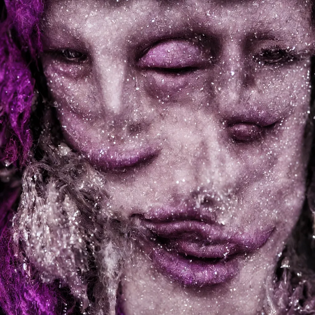 Prompt: close up portrait of a mysterious humanoid, violet silk threads, venetian masks, ruby mouth gags, fashion magazine, portrait photography, annie leibovitz, david lazar, 1 0 5 mm, in winter, 8 k hd, detailed