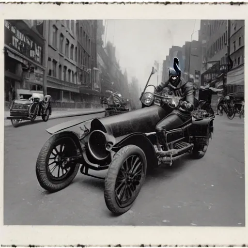 Image similar to old black and white photo, 1 9 1 3, depicting batman on a motorcycle from dark knight rampaging through the bustling streets of new york city, rule of thirds, three - point perspective, historical record