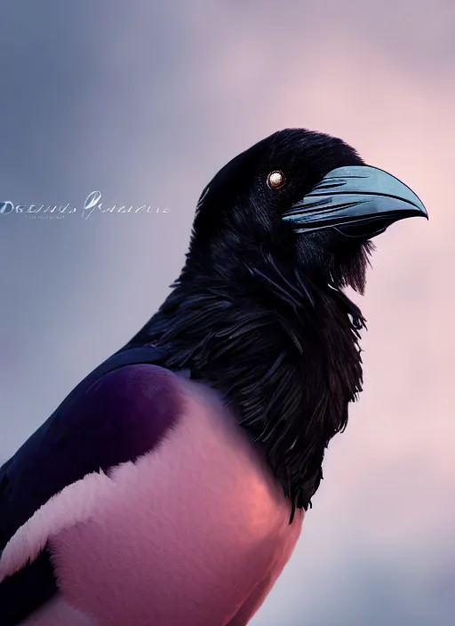 Image similar to dreamlike luxury portrait of a gothic raven, pale pink and gold, 8 k realistic, hyperdetailed, beautiful lighting, detailed background, depth of field, frostbite 3 engine, cryengine,