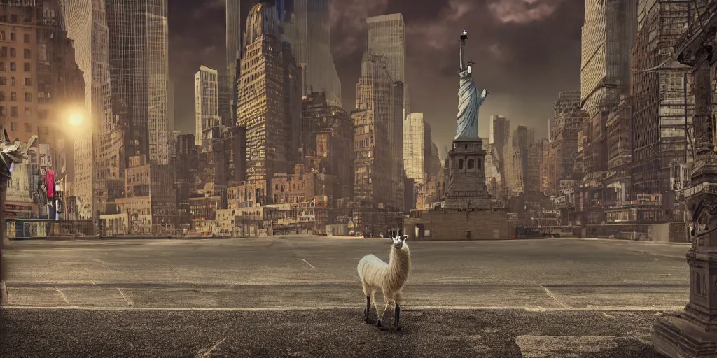 Image similar to a llama walking away from the camera into a desolate manhattan city street at night, statue of liberty seen in the background, realistic 4 k octane beautifully detailed render, 4 k post - processing, highly detailed, detailed face, intricate complexity, epic composition, magical atmosphere, cinematic lighting, masterpiece, ultra hd