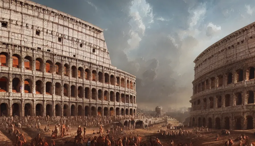 Prompt: Digital painting of futuristic Colosseum during ancient Rome, hyperdetailed, artstation, cgsociety, 8k