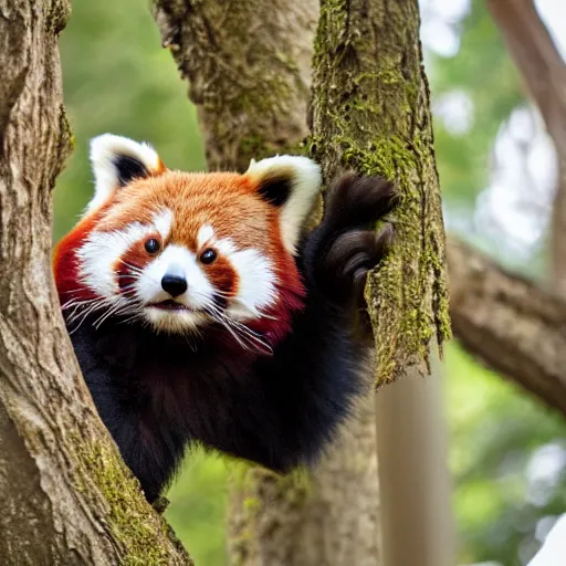 Prompt: a red panda wearing a hat in a tree