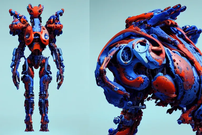 Image similar to portrait of a posed hyper detailed kaki and ultramarine leaplasher evangelion realistic mechanical and fleshy organic creature similar look as horizon forbidden west horizon zero dawn bioluminiscence in a dark deep forest at dawn in spring, with reflection and textures, by kilian eng, substance painter reaslitic mech surface metal painted scratches