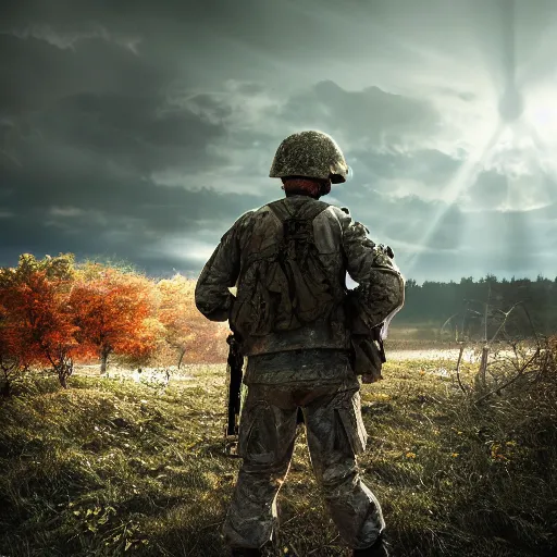 Image similar to the last soldier standing on the battle field, photorealistic, dramatic, award-winning, realism, dramatic, bloom, back lit, god rays, dark, 8k