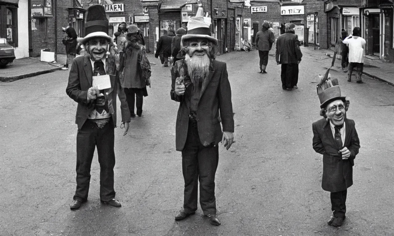 Image similar to leprechaun standing on the streets of 1 9 8 0 ies british town, press photo
