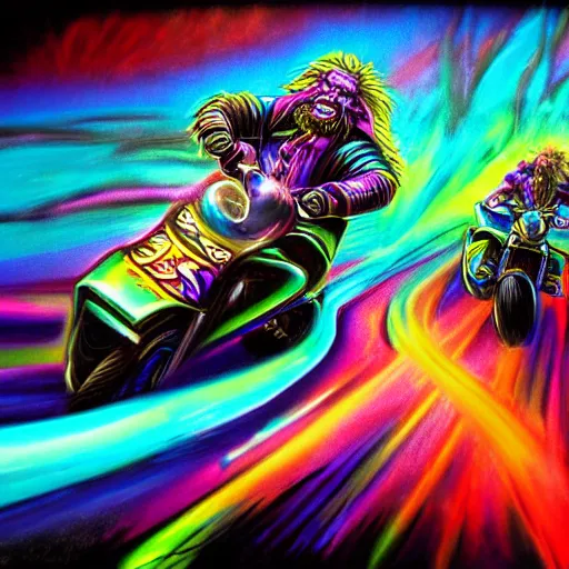 Image similar to psychedelic colorful blacklight airbrush artwork, motorcycle, stylized action shot of an orc biker riding a motorcycle, menacing orc, drifting, skidding, wheelie, clear focused details, soft airbrushed artwork, black background, cgsociety, artstation