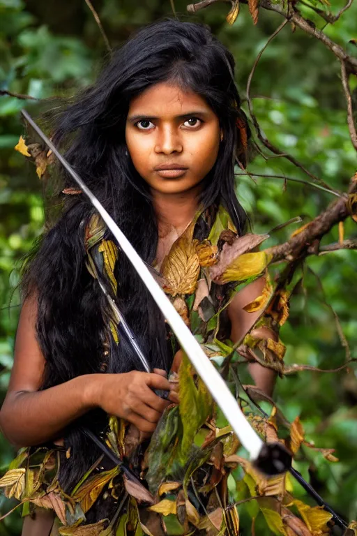 Image similar to a professional photo of a sri lankan jungle girl, black hair, hunter, with bow and arrow, covered in leaves, extremely high fidelity. key light.