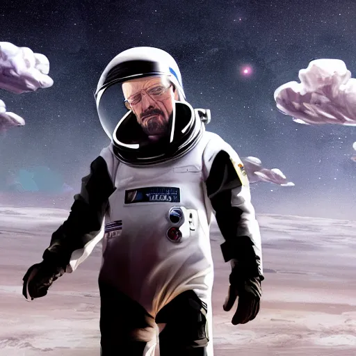 Prompt: Walter white from breaking bad, wearing an astronaut suit in space, dynamic lighting, photorealistic concept art, stunning visuals, creative, cinematic, ultra detailed, trending on art station, detailed