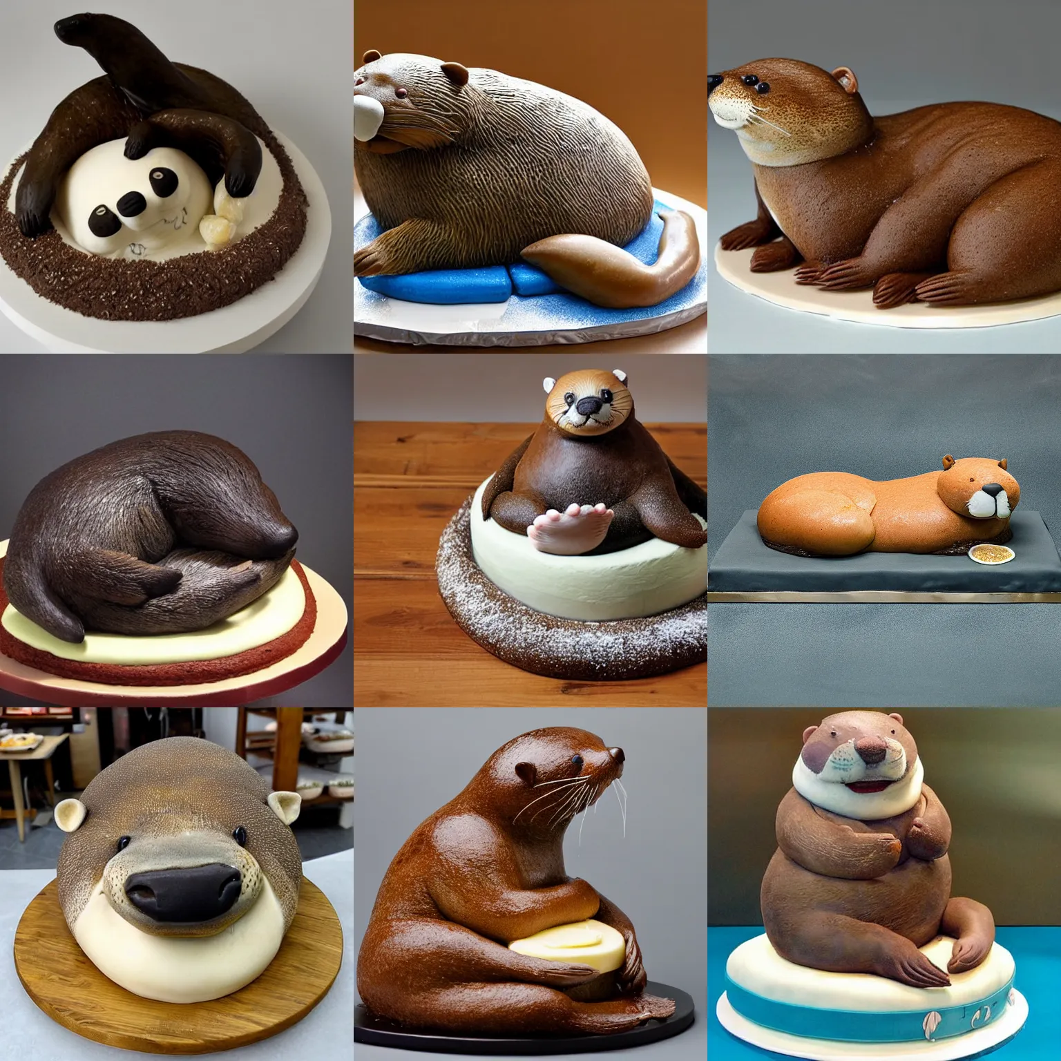 Prompt: cake sculpture of a fat otter lying curled up and eating fish, displayed in a bakery, cake sculpture, cake art, animal - shaped cake, otter, food photography