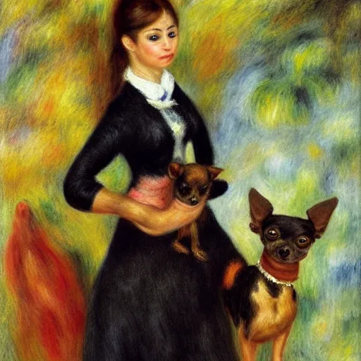 Image similar to a woman and her black and brown chihuahua by pierre - auguste renoir