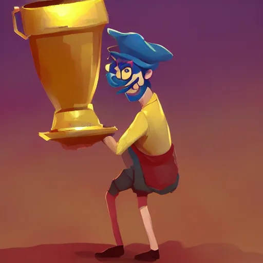 Prompt: waluigi holding golden cup, by lois van baarle, greg rutkowski, artstation, digital art, high detailed, high quality,