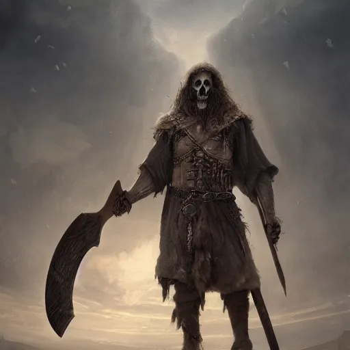 Image similar to an portrait of an skeleton wearing a viking robe and holding an axe, Matte painting , detailed painting, made by Greg Rutkowski, 4k resolution, atmospheric, extremely high detail