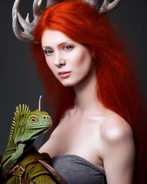 Image similar to 5 5 mm portrait photo of an armored redhead woman with ( antlers on her head ) and a an ( iguana on her shoulder ), by luis royo. highly detailed 8 k. intricate. lifelike. soft light. nikon d 8 5 0. cinematic post - processing