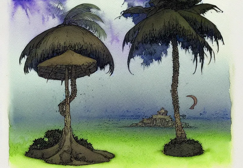 Image similar to a simple watercolor fantasy concept art of a dark grey cube next to a palm tree at night. by studio ghibli, rebecca guay, michael kaluta, charles vess