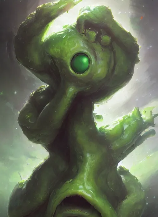 Image similar to portrait of my waifu cute innocent green amorphous blob, slimy alien creature with adorable uwu eyes, it has several human arms out stretched to grab me. painted by greg rutkowski, wlop,,