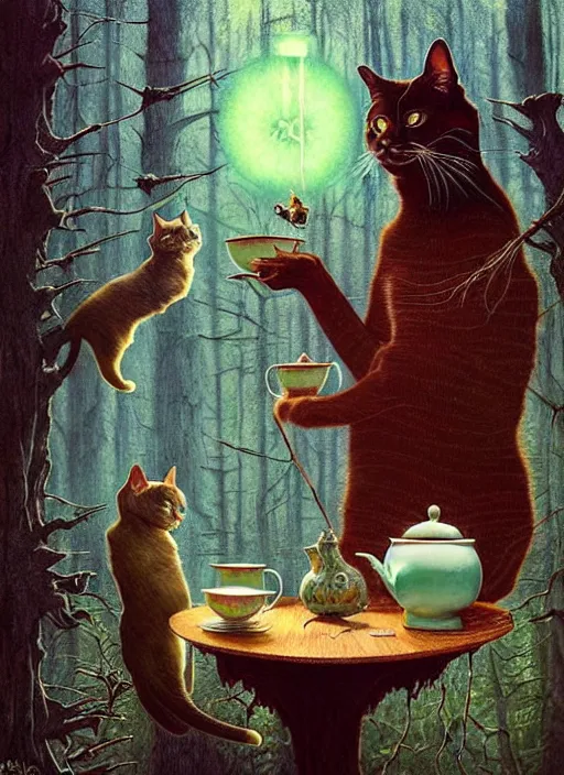 Image similar to cat having tea with a witch in the woods gorgeous lighting, lush forest foliage blue sky a hyper realistic painting by chiara bautista and beksinski and norman rockwell and greg rutkowski weta studio, and lucasfilm