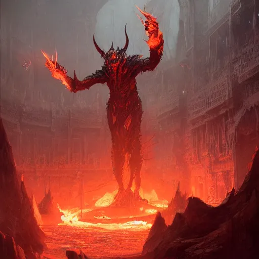 Image similar to medium shot of a demon overlord in the pits of hell, greg rutkowski, 8 k, shallow depth of field, intricate detail, concept art,