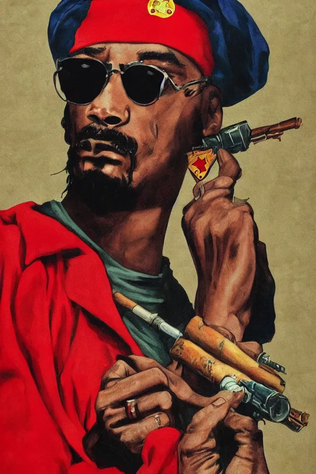 Prompt: an epic socialist realism poster of a singular communist snoop dogg in a red beret smoking a blunt for the proletariat