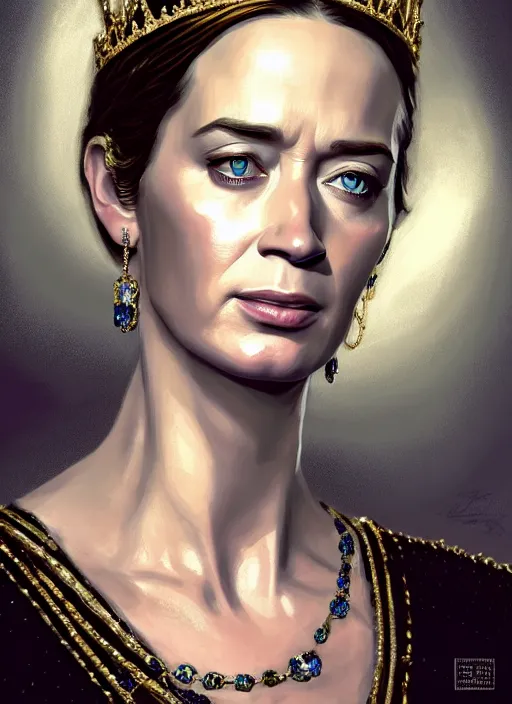 Image similar to portrait of emily blunt as queen, crying, tears, jewelry, greek, sapphire, victorian age, 1 8 9 0, intricate, headshot, key visual, conceptart, ambient lighting, highly detailed, digital painting, artstation, concept art, sharp focus, by makoto shinkai and akihiko yoshida and greg manchess