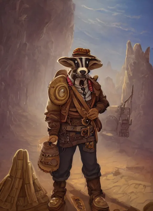 Prompt: fursona commission of a anthro burley badger wearing old-timey miner's clothes. pretty, beautiful, DnD character art portrait, matte fantasy painting. Desert mining town. DeviantArt Artstation, by Jason Felix by Steve Argyle by Tyler Jacobson by Peter Mohrbacher, cinematic lighting