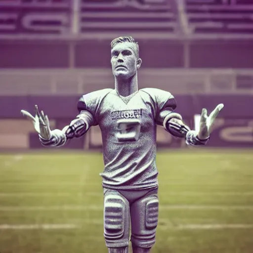 Image similar to “ a realistic detailed photo of a guy who is an attractive humanoid who is half robot and half humanoid, who is a male android, football player christian mccaffrey, shiny skin, posing like a statue, blank stare, on the field, on display ”