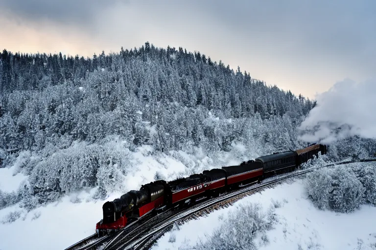 Prompt: a steam train travels through a mountainous snowy landscape