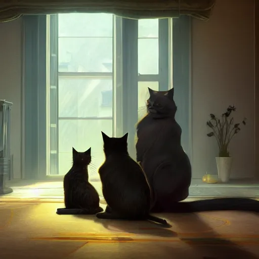 Prompt: some cats playing around in a room. animal. digital art. artstation. realistic. vibrant. illustration. in the style of pixar movie. octane render. art by artgerm and greg rutkowski and alphonse mucha. volumetric lighting.