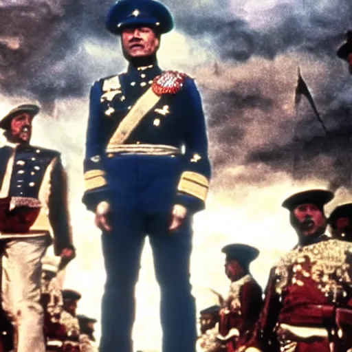 Prompt: Technicolor still of Marlon Brando as the General Montero leading the revolution of Costaguana in the 19th century from the film by David Lean, Nostromo