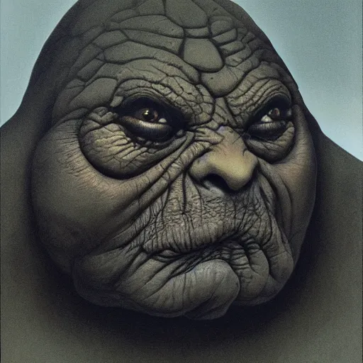 Prompt: Jabba el Hutt portrait, dark fantasy, artstation painted by Zdzisław Beksiński and Wayne Barlowe