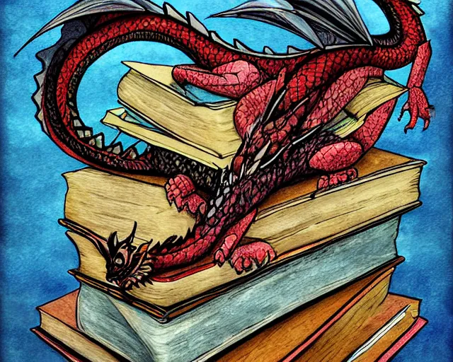 Image similar to A huge dragon sleeping on a huge pile of tiny books, by Jody A Lee.