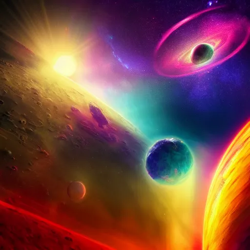 Prompt: A vibrant space scape of musical planets and nebulas, dramatic low-key lighting, digital art, 8K IMAX, cinematic, photorealistic resolution