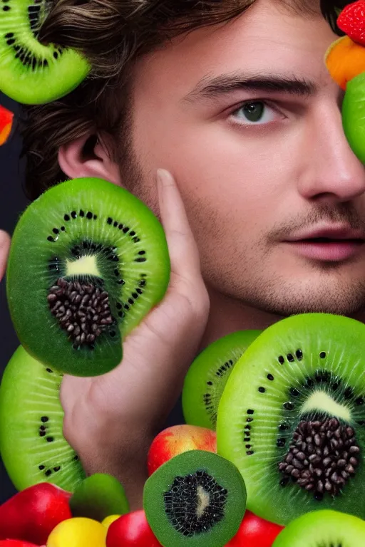 Image similar to 📷 joe keery made of kiwi fruit 🥝, made of food, head portrait, dynamic lighting, 4 k