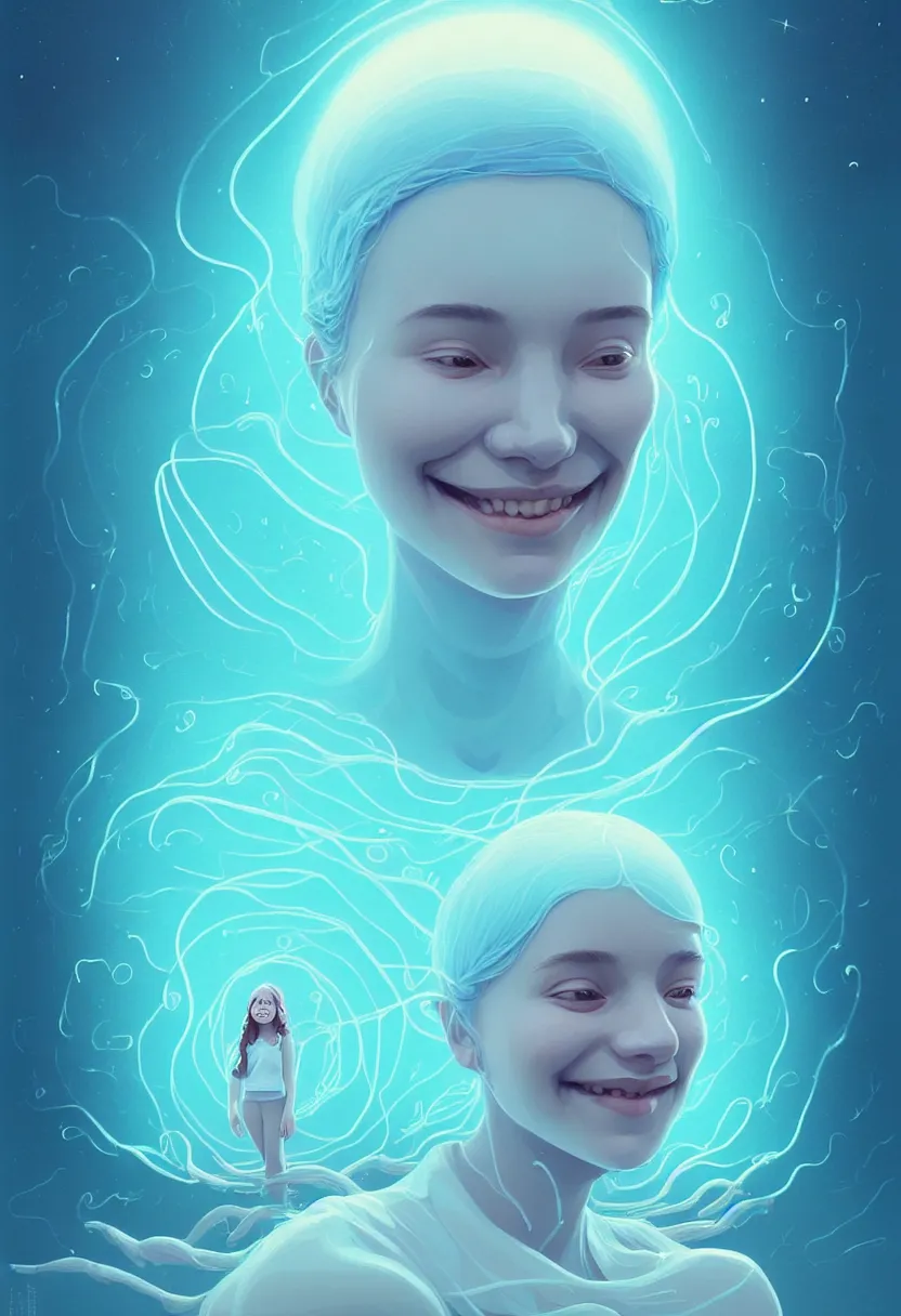 Image similar to young woman smiling in etheric hypothalamus of her mind, in a light blue color palette of cosmic spring, flowing, intricate, beautiful render, award winning photography, by simon stalenhag and wlop and artgerm, beautiful illustration