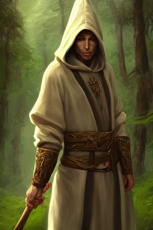 Image similar to beautiful, digital art, portrait painting of a male elf wizard, wearing linen hooded cloth. forest background. artstation, by bartek fedyczak, erak note, tooth wu, neil richards, kan liu, siwoo kim, jisu choe