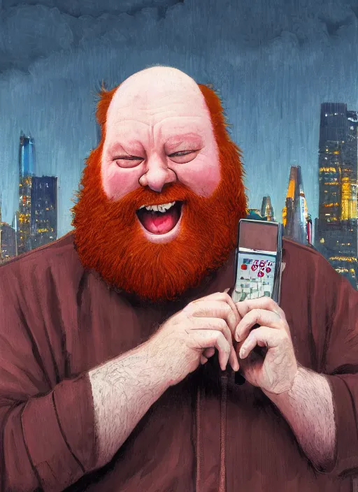 Image similar to a laughing fat redheaded man with beard talking on a cell phone manhattan skyline in the background, portrait, intricate, elegant, highly detailed, centered, digital painting, artstation, concept art, smooth, sharp focus, illustration, art by art germ and donato giancola and Joseph Christian Leyendecker