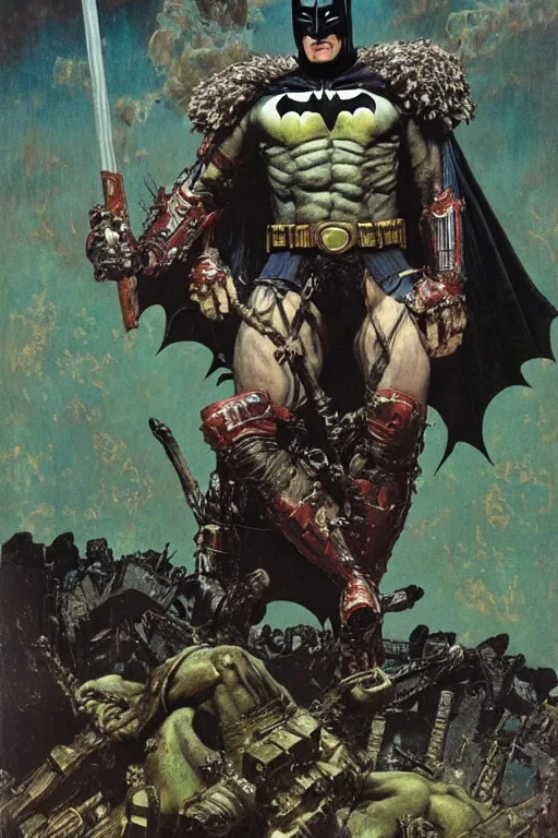 Prompt: full length portrait of massive hulking dark evil batman wearing cape and armour, underlit, by lawrence alma tadema and zdzislaw beksinski and norman rockwell and jack kirby and tom lovell and greg staples and michael alford