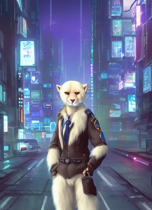Image similar to character portrait of a male anthro albino mountain lion fursona with a tail and a cute beautiful attractive furry face wearing a cybertech police uniform in a cyberpunk city at night while it rains. hidari, color page, tankoban, 4K, tone mapping, Akihiko Yoshida.