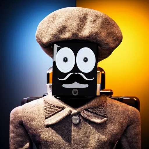 Image similar to portrait of robot with a moustache wearing french beret, beautiful lighting, sharp, details, hyper-detailed, HD, HDR, 4K, 8K