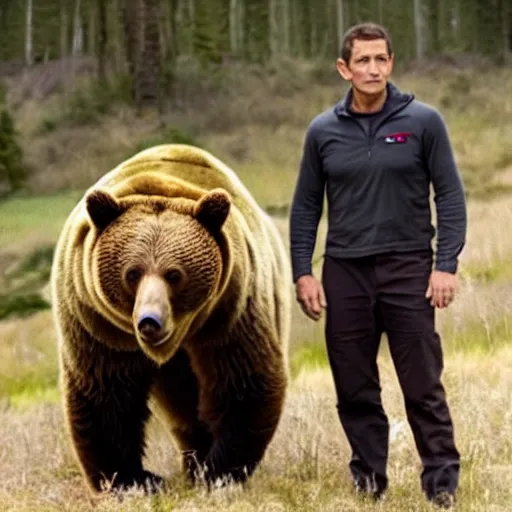 Image similar to film still of bear grylls in a bear costume