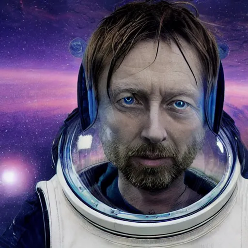 Prompt: thom yorke singer songwriter in a spacesuit filling up with water, dark background, glass reflecting stars, space station light reflections, ultrafine detail, hyper realistic face, beautiful blue eyes, eyes reflecting into eyes reflecting into infinity, eyes reflecting into eyes reflecting into infinity