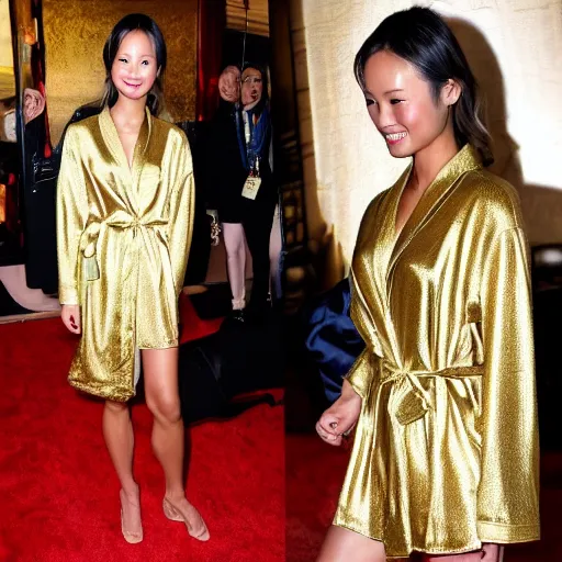 Prompt: jamie chung wearing golden bathrobe highly detailed highly realistic