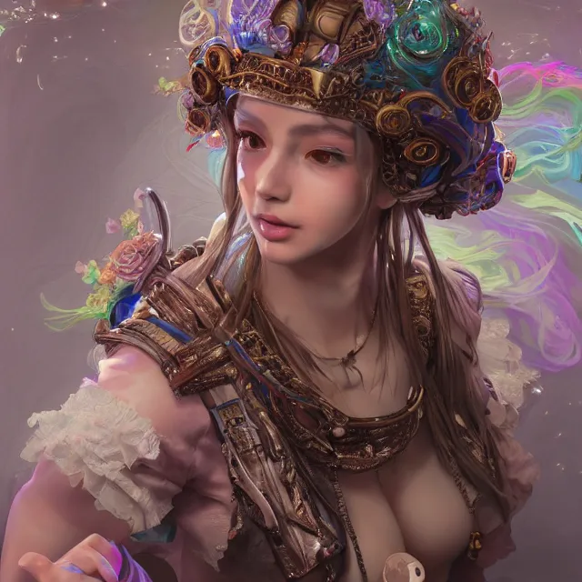 Prompt: studio portrait of neutral good rainbow colorful female cleric bard healer as absurdly beautiful, elegant, realistic young gravure idol looking down, an ultrafine hyperdetailed illustration by kim jung gi, irakli nadar, intricate linework, detailed faces, super sharp focus, bright colors, octopath traveler, unreal engine 5 highly rendered, global illumination, radiant light