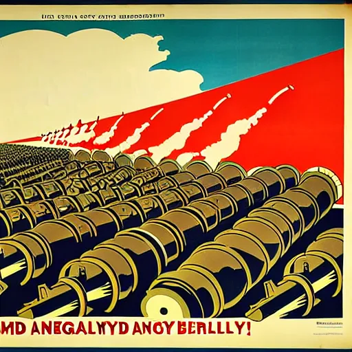 Image similar to propaganda poster featuring an extremely large number of artillery cannons, artillery, guns, limited palette, ww 1