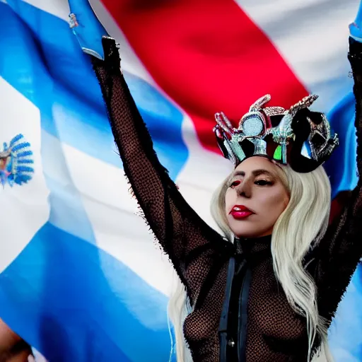 Image similar to Lady Gaga as President, Argentina presidential rally, Argentine flags behind, bokeh, epic photo, detailed face, Argentina