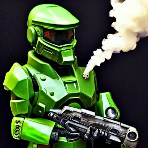 Prompt: “ master chief from the game hall smoking a bong filled with weed and blowing out smoke. ”