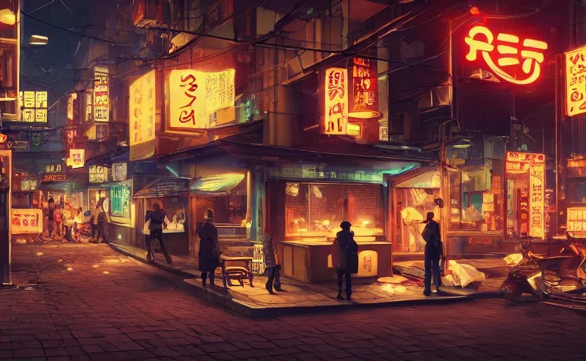 Image similar to a small cozy ramen restaurant in a busy thriving cyberpunk street at night, trending on cgsociety, unreal engine, 4 k wallpaper