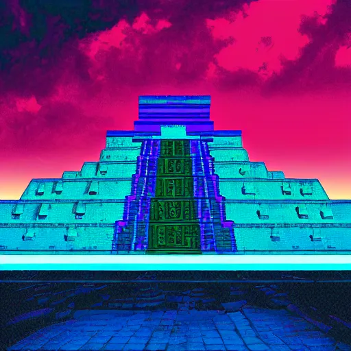 Prompt: Ancient mayan cityscape,digital art,retrowave art